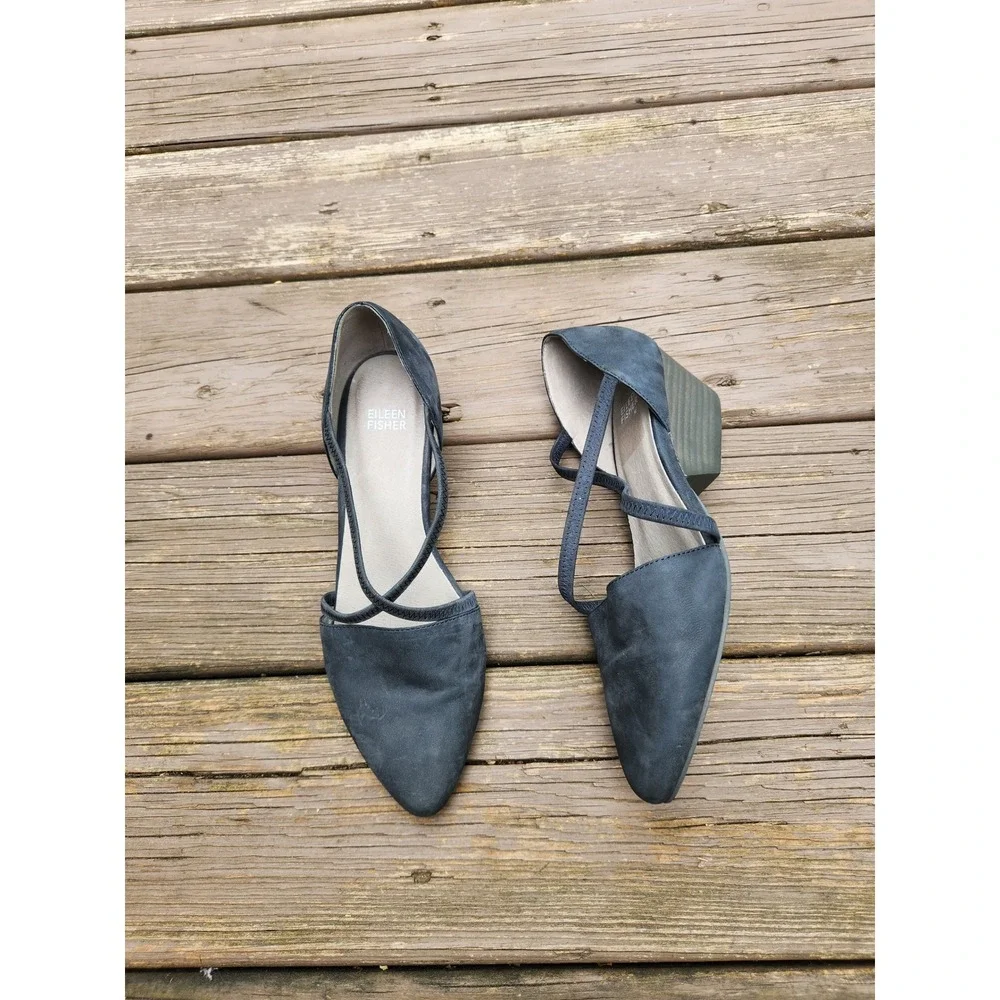 Eileen Fisher Pumps Navy Blue Nubuck Leather Crisscross Wedge Pointed Toe 9.5